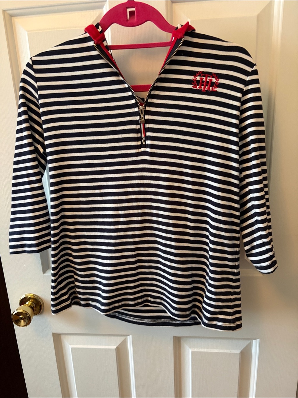 Tommy Hilfiger Navy and White Striped Quarter-Zip Top with Red Logo
